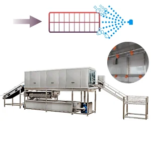 Poultry crate washing machine showing multiple spray jets